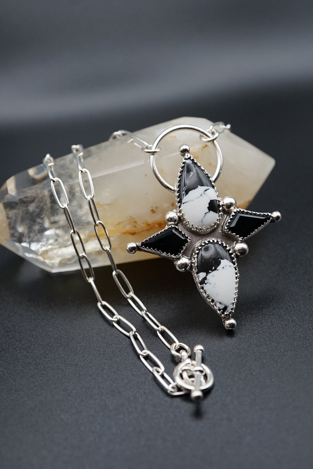 ~White Buffalo Turquoise and Faceted Onyx Heirloom Sterling Silver Pendant~