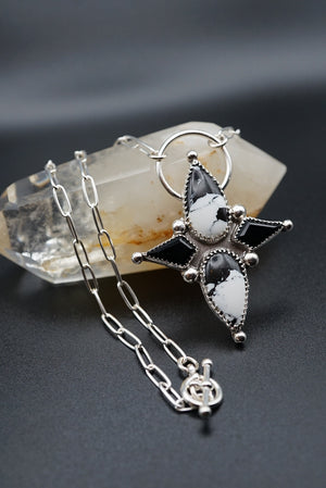 ~White Buffalo Turquoise and Faceted Onyx Heirloom Sterling Silver Pendant~
