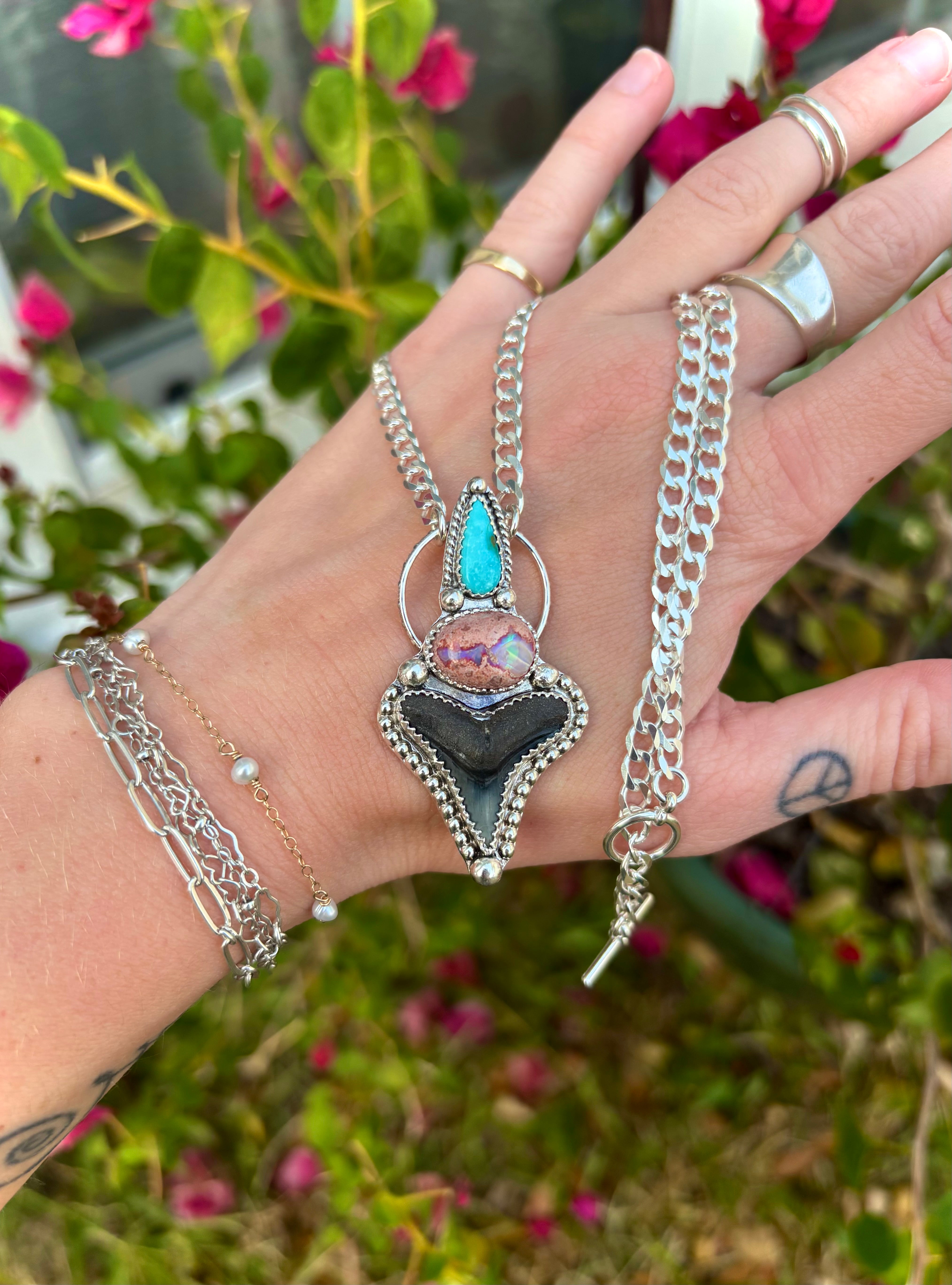 ~•Sonoran Turquoise, Mexican Cantera Opal & Bull Shark Tooth Statement Necklace•~