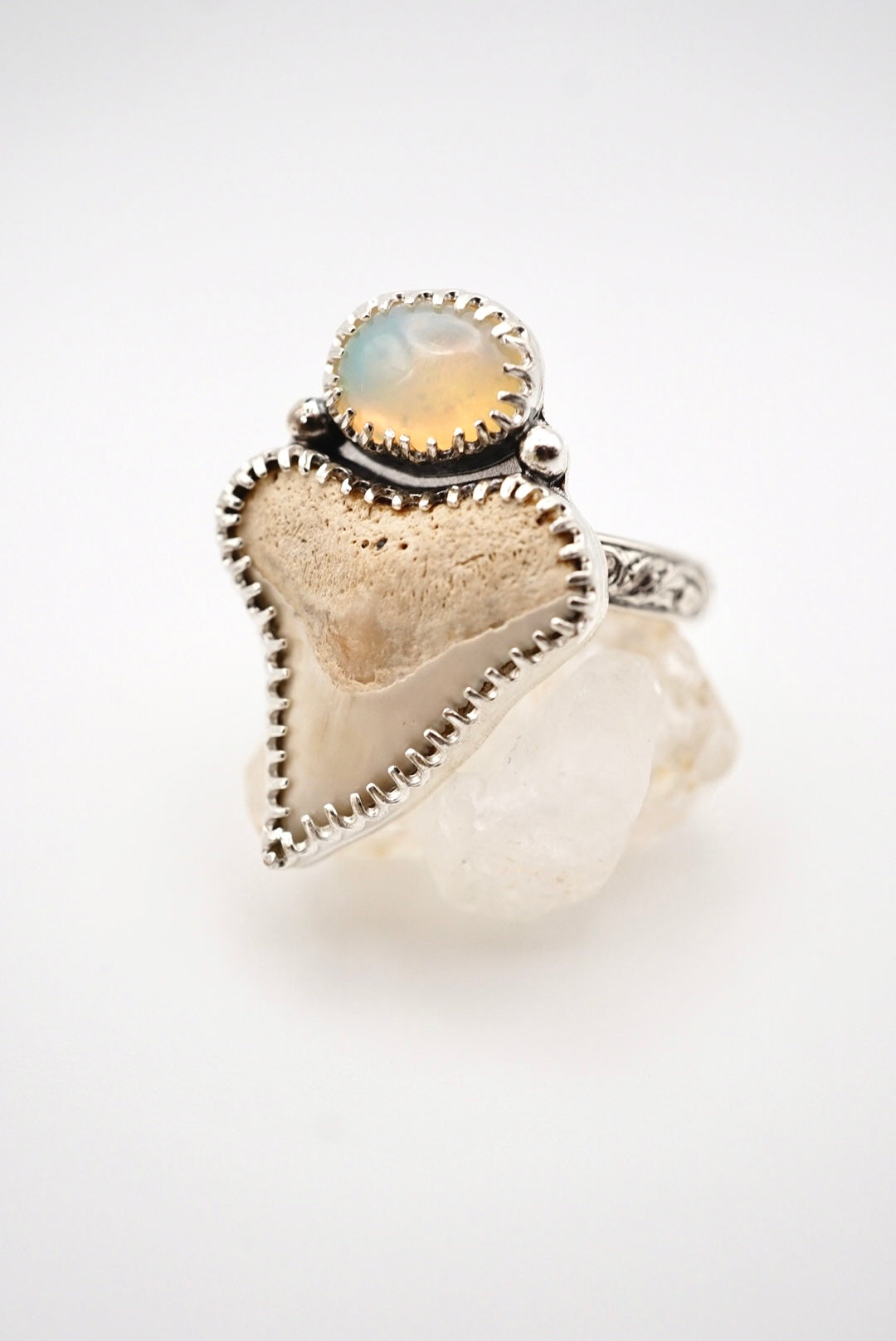 ~White Shark Tooth & Welo Opal Ring~ Size 7.5 Adjustable