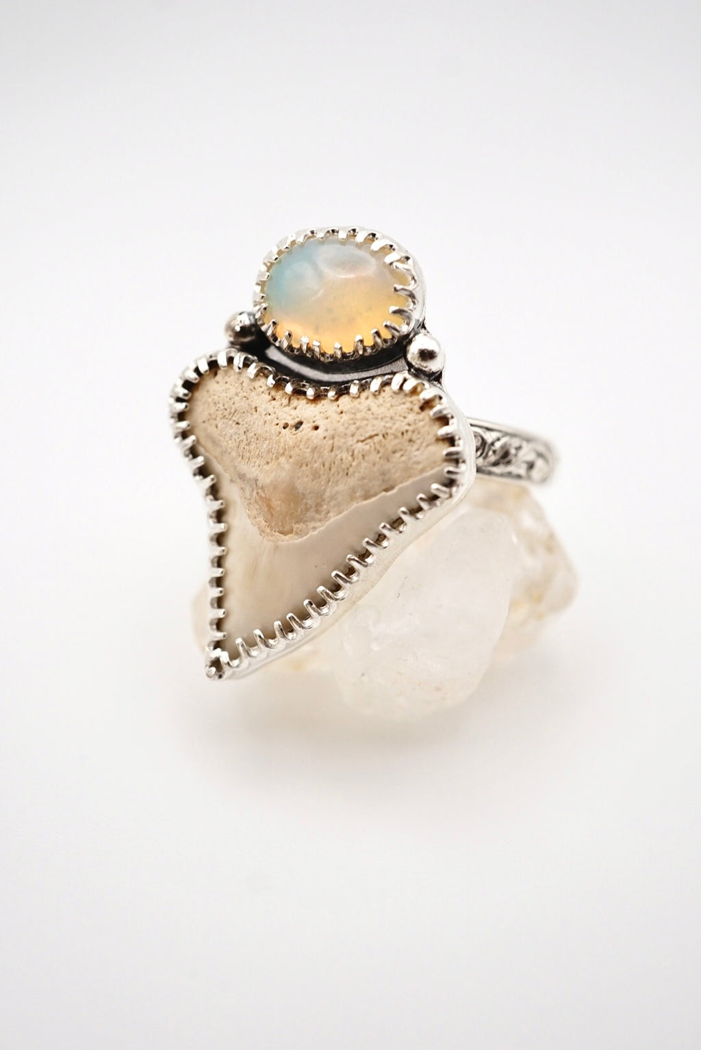 ~White Shark Tooth & Welo Opal Ring~ Size 7.5 Adjustable