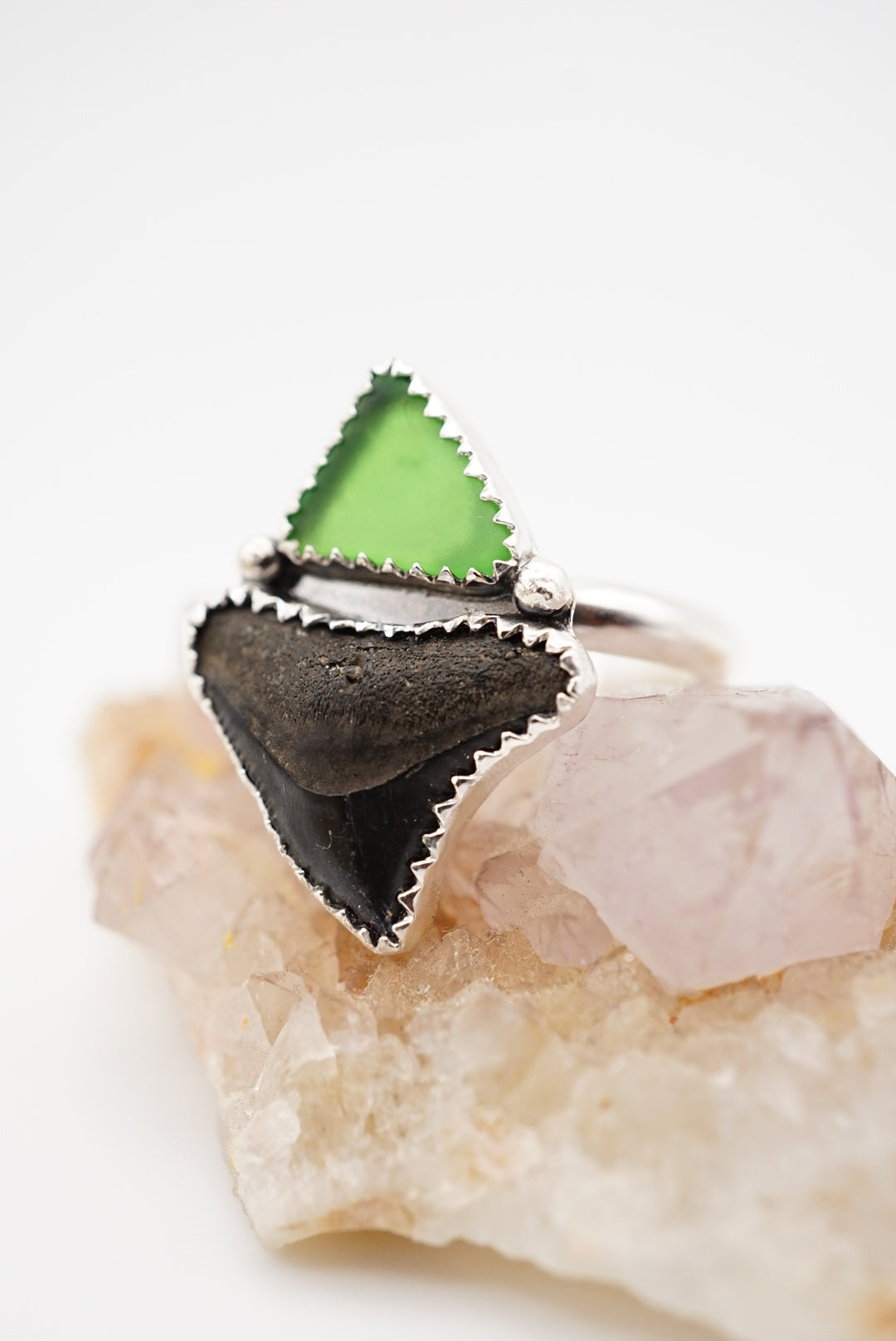 ~Bull Shark Tooth & Green Sea Glass Ring~ Size 8 Adjustable
