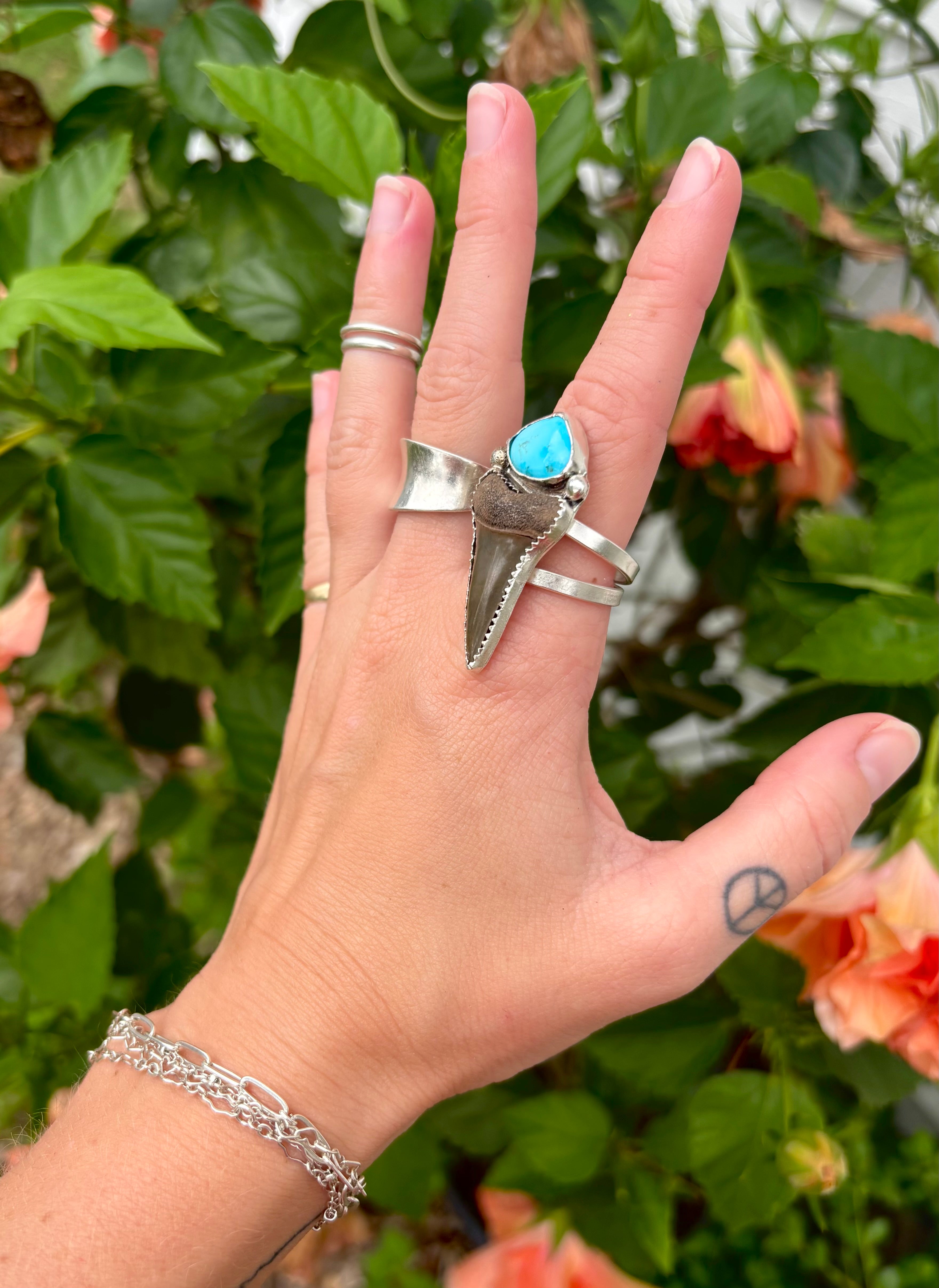 Mako Shark Tooth and Kingman Turquoise Sterling Silver Ring Size 9.5