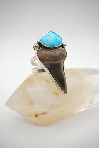 Mako Shark Tooth and Kingman Turquoise Sterling Silver Ring Size 9.5