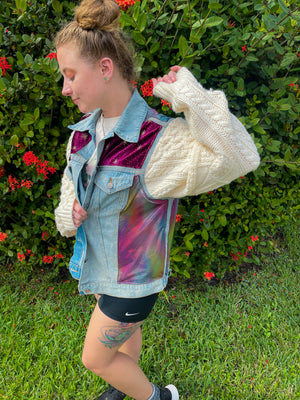 ~•Rainbow Reflective Patchwork Denim Jacket•~ Size M/L