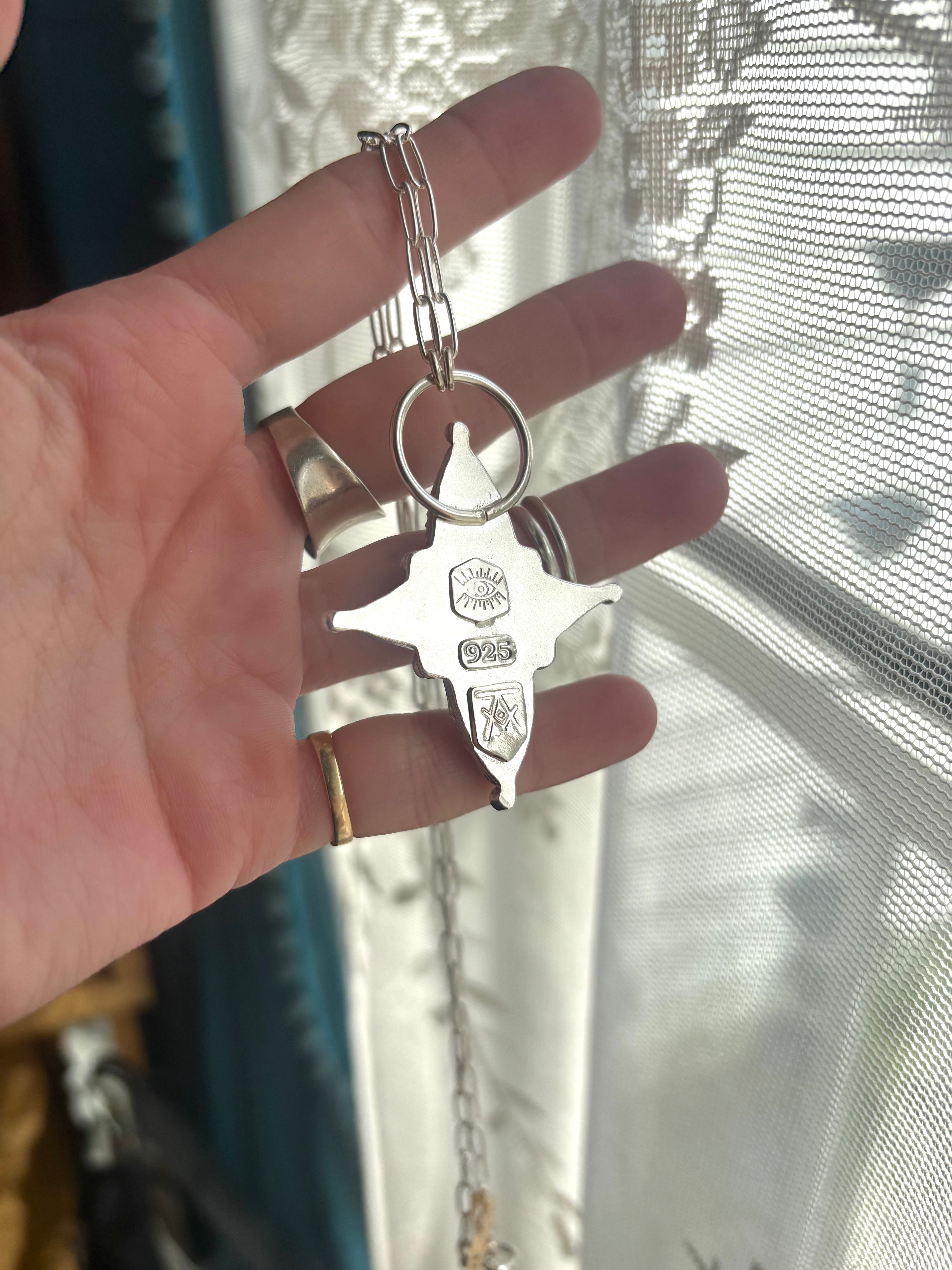 ~White Buffalo Turquoise and Faceted Onyx Heirloom Sterling Silver Pendant~