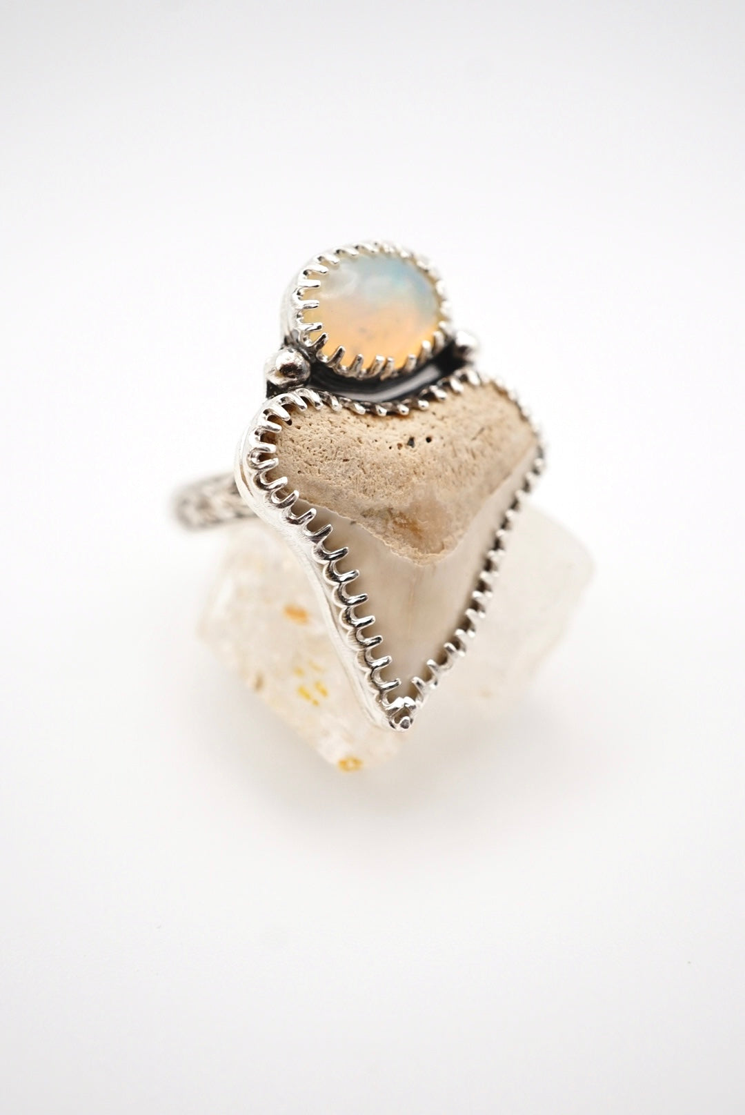 ~White Shark Tooth & Welo Opal Ring~ Size 7.5 Adjustable