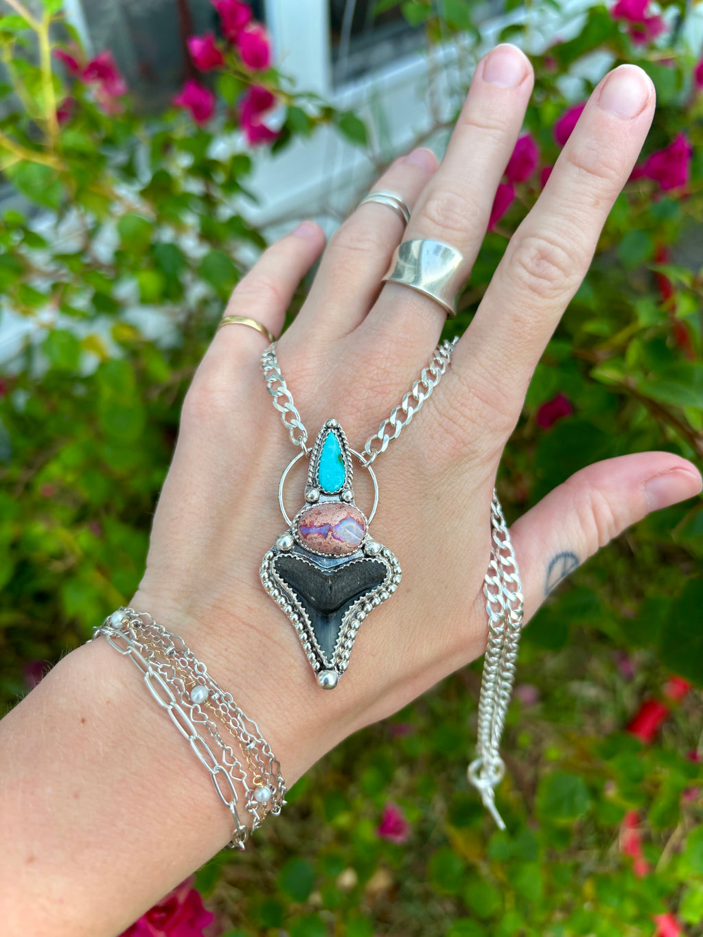 ~•Sonoran Turquoise, Mexican Cantera Opal & Bull Shark Tooth Statement Necklace•~