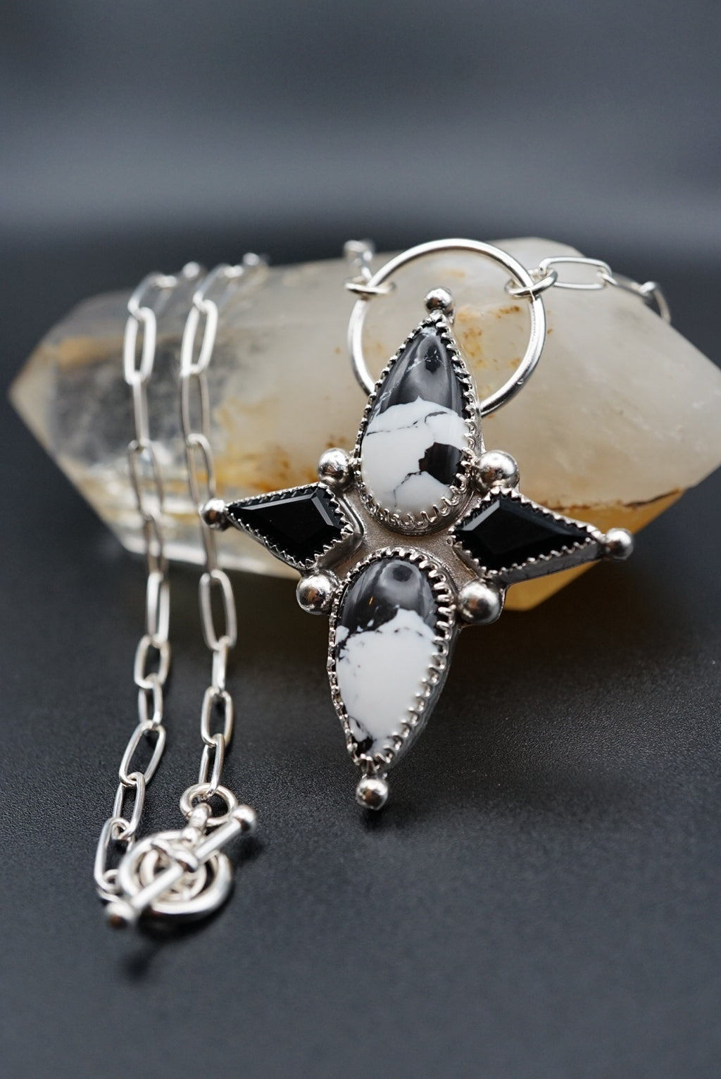 ~White Buffalo Turquoise and Faceted Onyx Heirloom Sterling Silver Pendant~