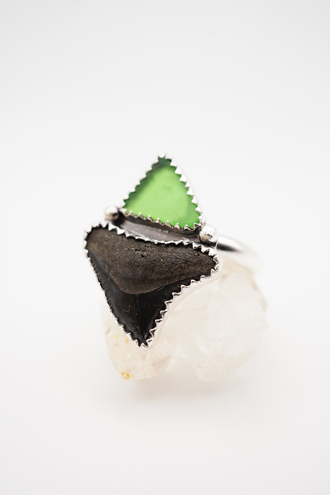 ~Bull Shark Tooth & Green Sea Glass Ring~ Size 8 Adjustable