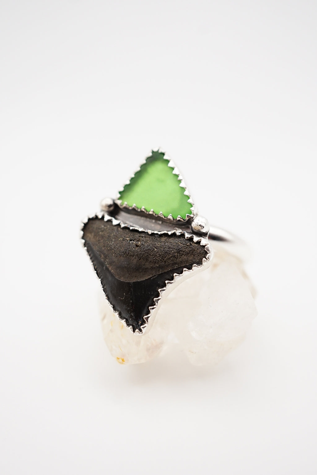 ~Bull Shark Tooth & Green Sea Glass Ring~ Size 8 Adjustable