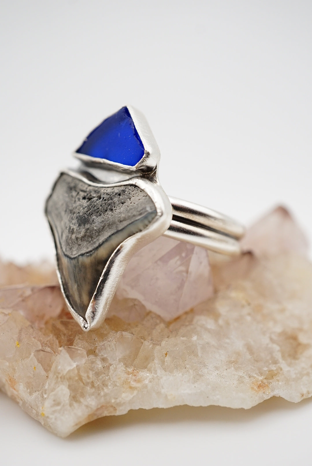 ~Bull Shark Tooth & Blue Sea Glass Ring~ Size 8 Adjustable