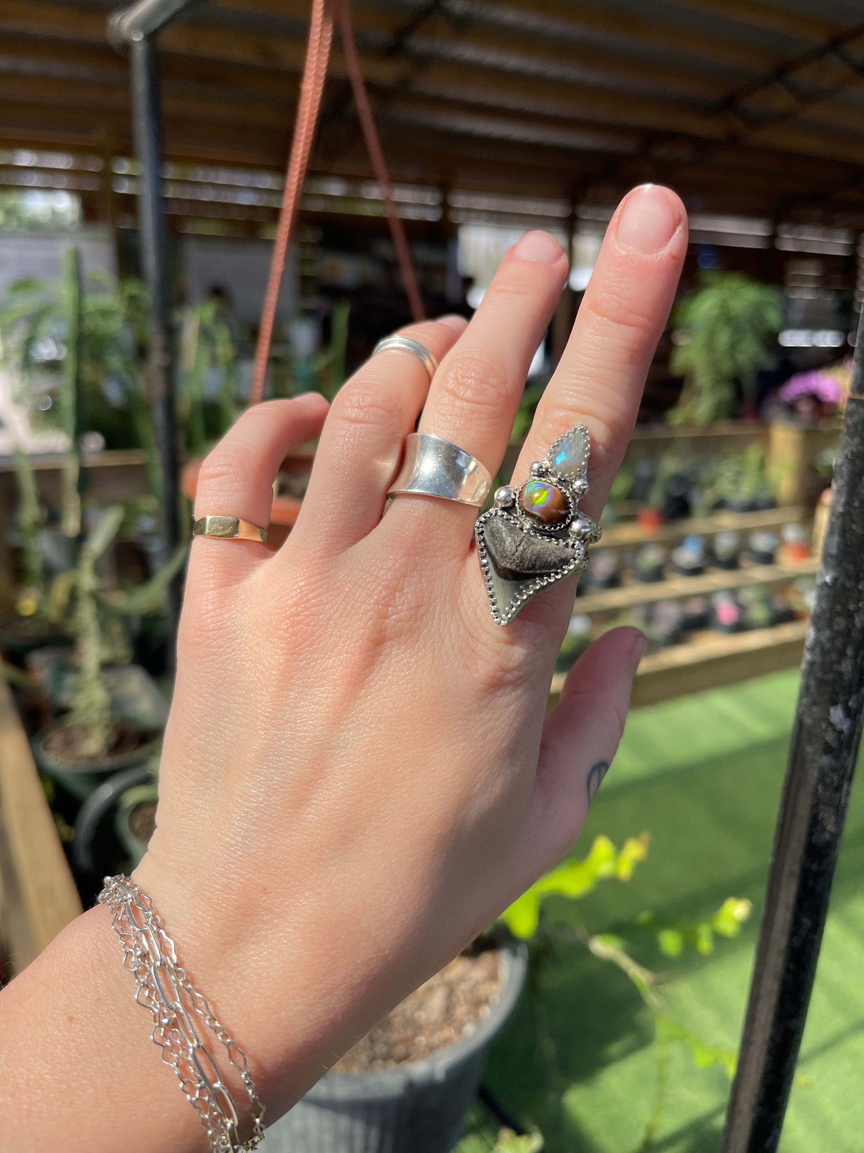 ~Shark Tooth + Fire Agate + Labradorite Ring~ Size 7