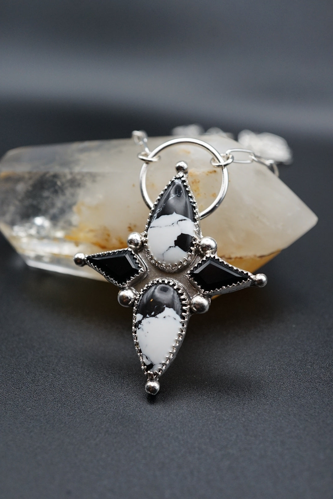 ~White Buffalo Turquoise and Faceted Onyx Heirloom Sterling Silver Pendant~