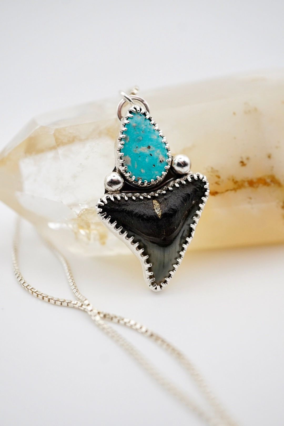 ~Bull Shark Tooth & Turquoise Pendant~ 18” Chain