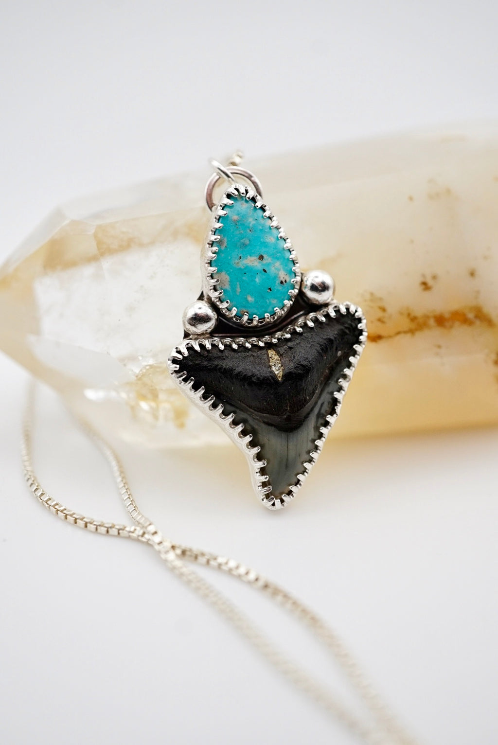 ~Bull Shark Tooth & Turquoise Pendant~ 18” Chain