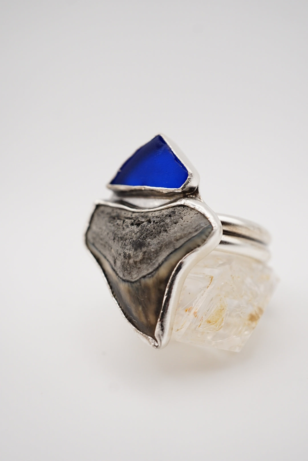 ~Bull Shark Tooth & Blue Sea Glass Ring~ Size 8 Adjustable