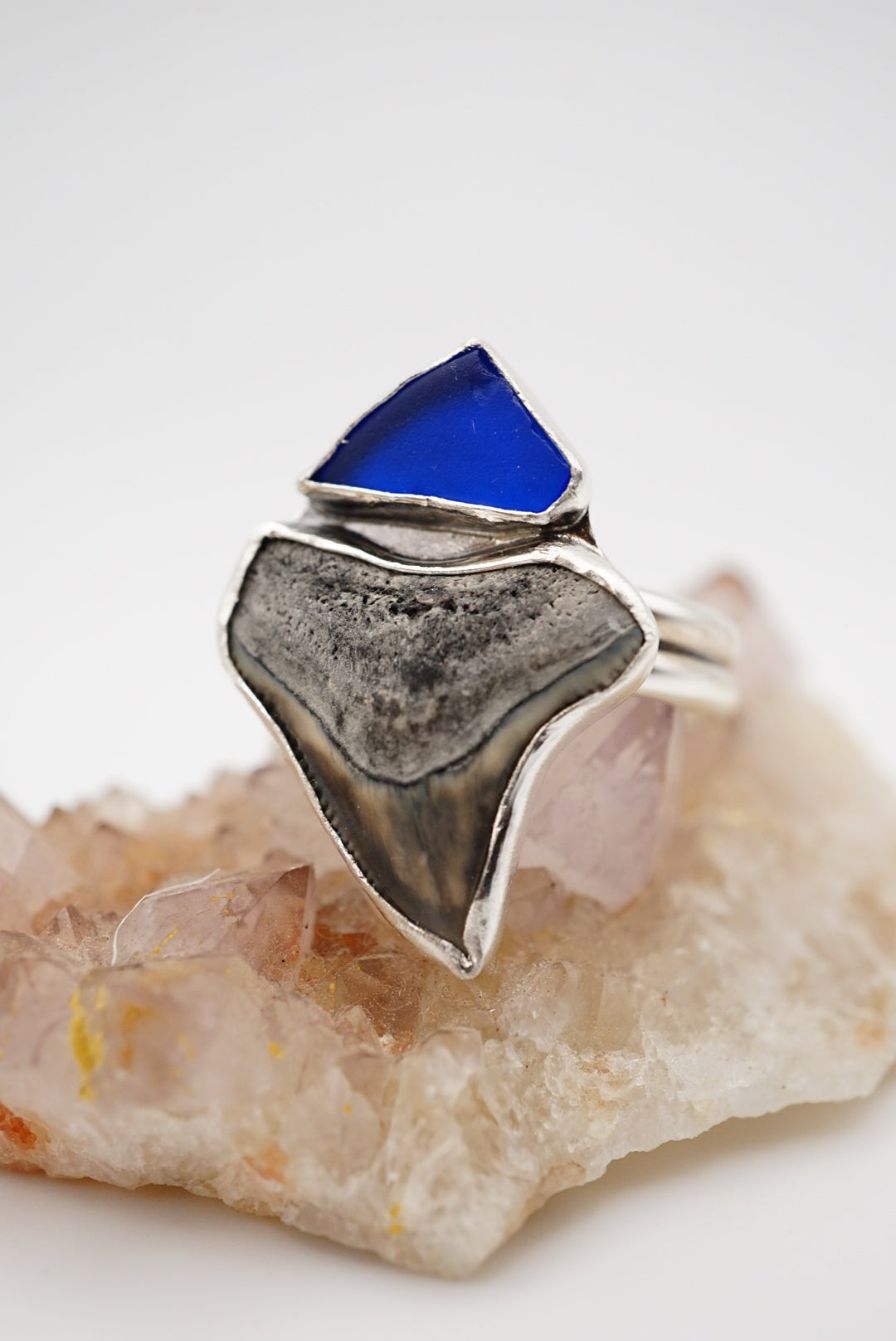 ~Bull Shark Tooth & Blue Sea Glass Ring~ Size 8 Adjustable
