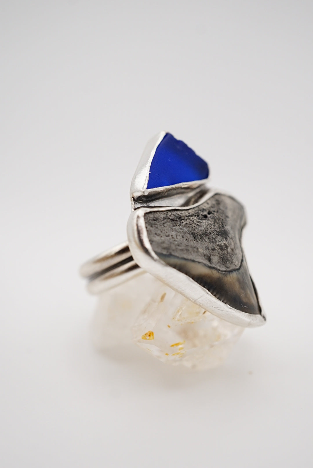 ~Bull Shark Tooth & Blue Sea Glass Ring~ Size 8 Adjustable