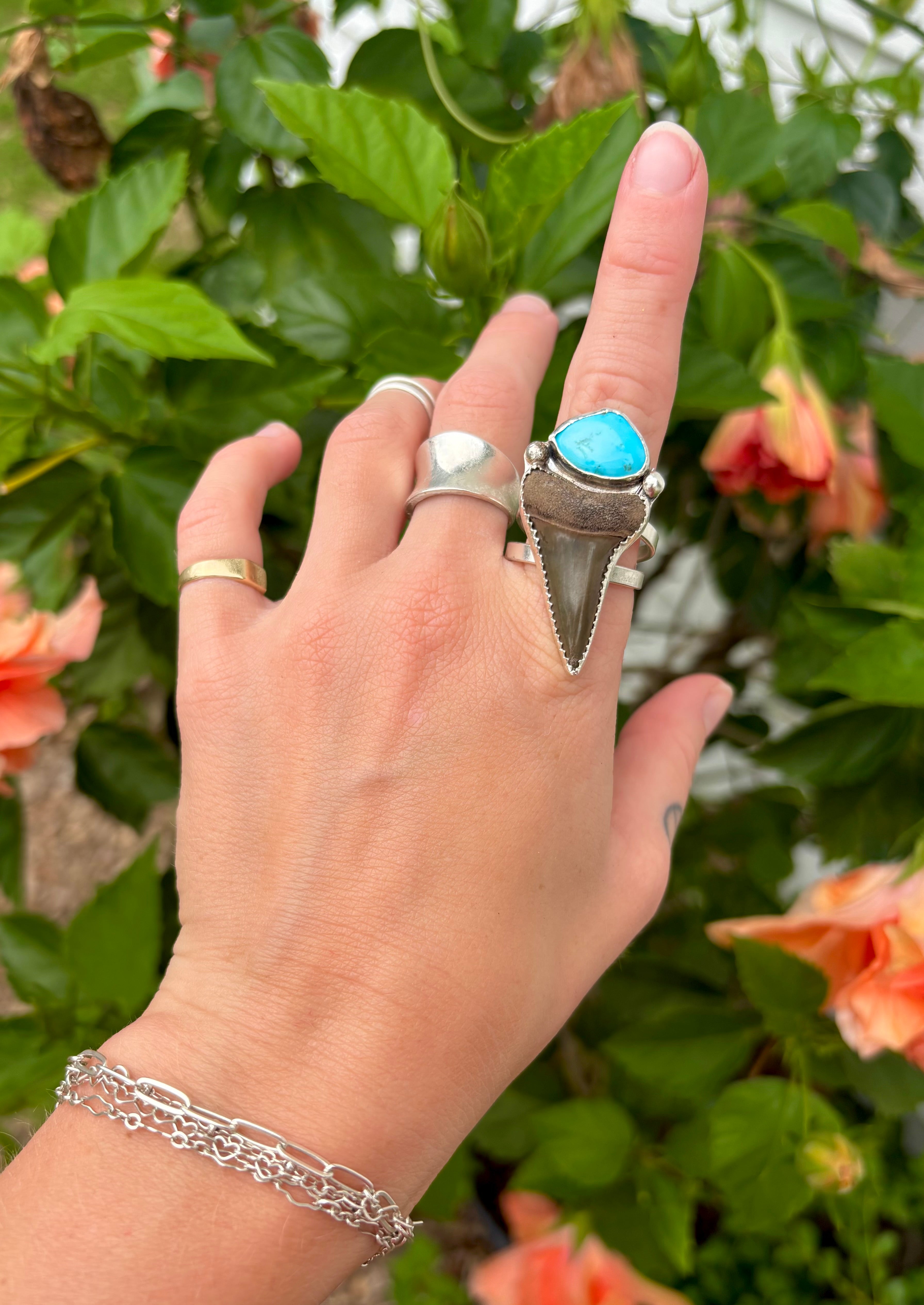 Mako Shark Tooth and Kingman Turquoise Sterling Silver Ring Size 9.5