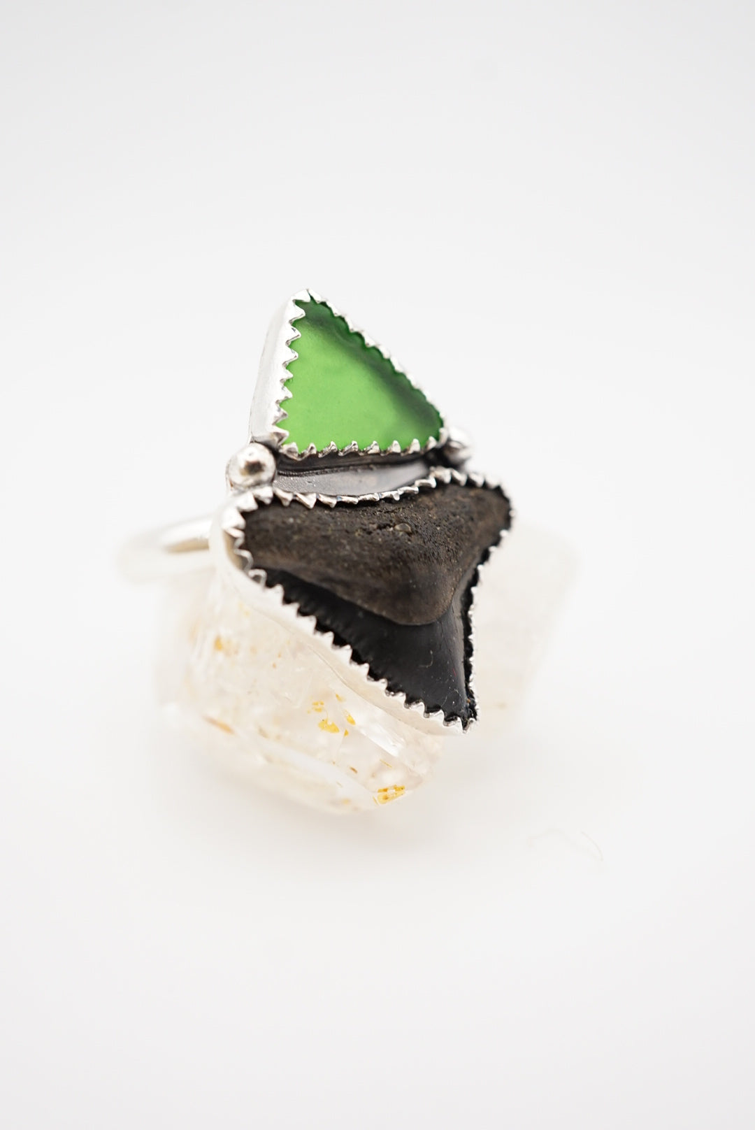 ~Bull Shark Tooth & Green Sea Glass Ring~ Size 8 Adjustable