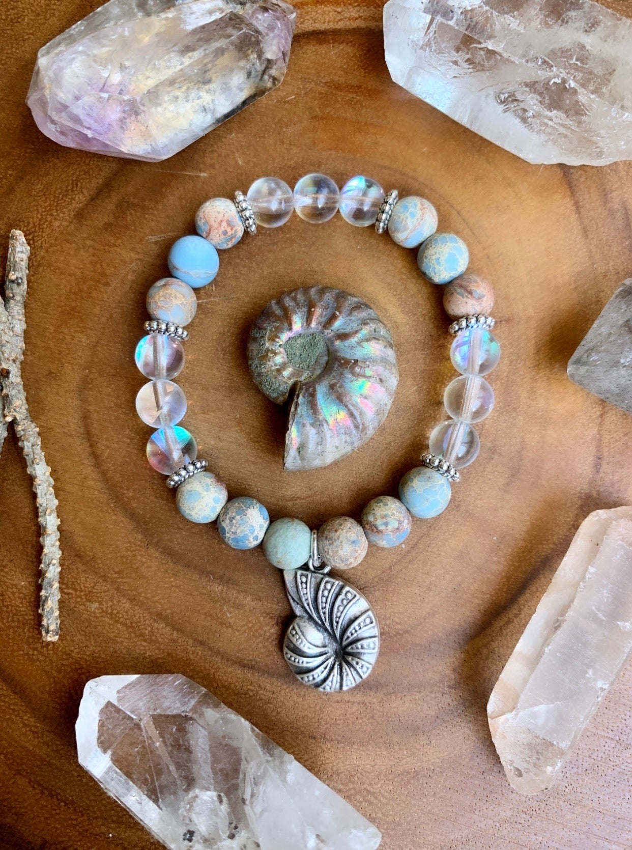 ~ Aura Quartz, Sea Sediment Jasper and Ammonite Shell Bracelet ~