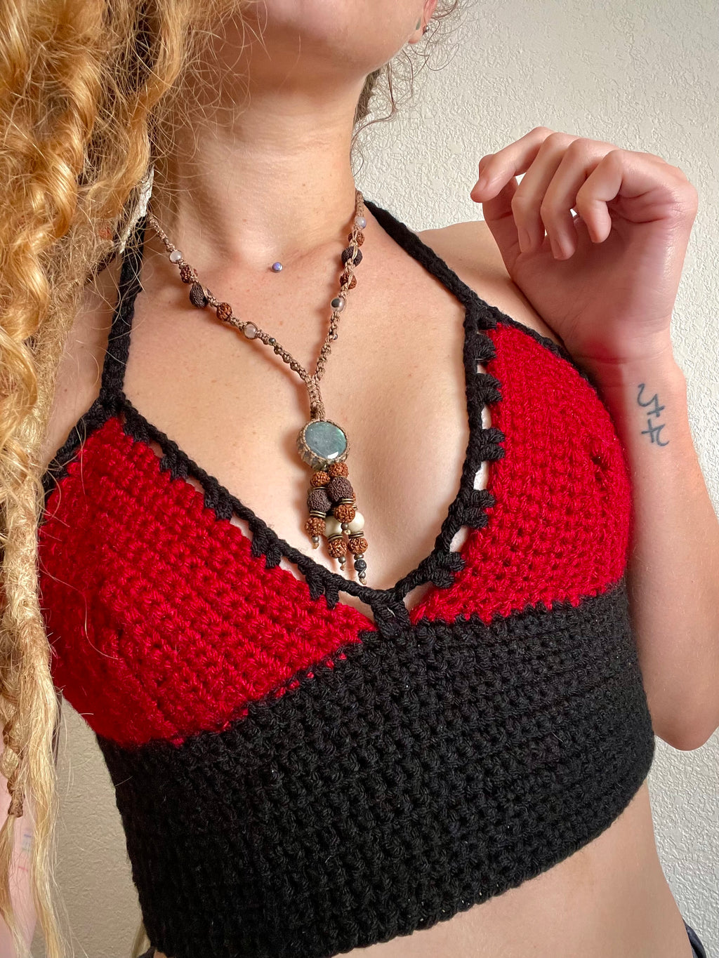 ~ Black & Red “SpiderCherry” Crochet Halter Top ~ Cup Size A/B