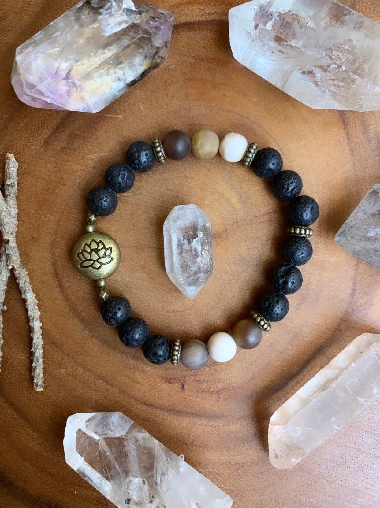 ~ Petrified Wood, Lava Beads & Lotus Bracelet ~