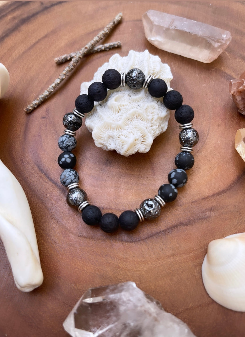 ~ Snowflake Obsidian & Lava Beads Bracelet ~