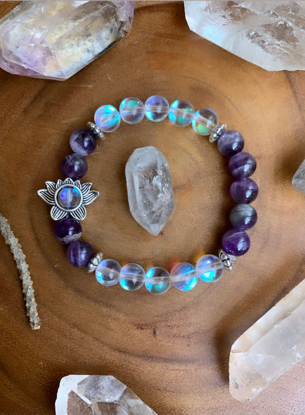 ~ Amethyst, Aura Quartz & Lotus Bracelet ~